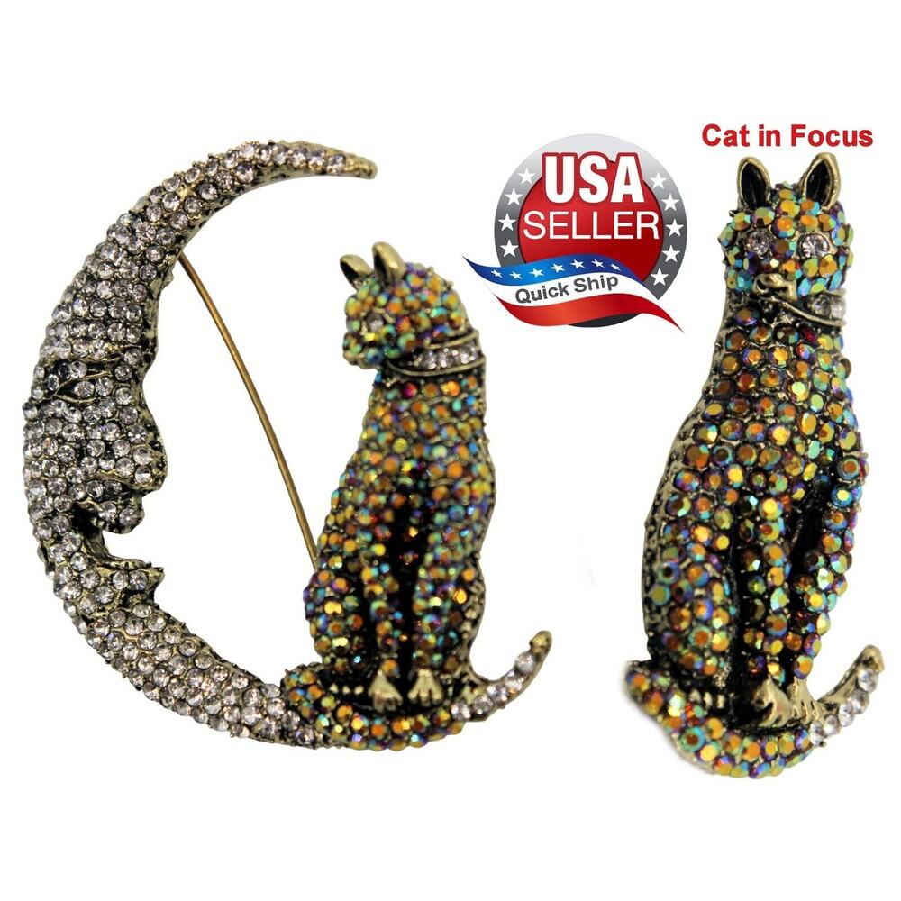 Man In The Moon & Cat Brooch Golden AB Pave Set Rhinestones set in Goldtone 2.5"